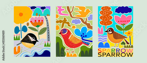 Set of cute cartoon bird on plant, trees, branch on background vector illustration. Bird and nature collection.