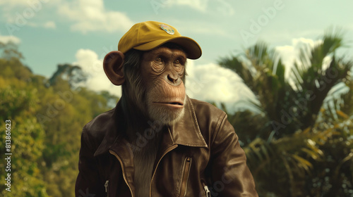 Macaco vestindo uma jaqueta de couro marrom e um boné amarelo