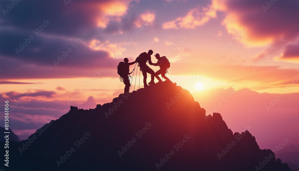 silhouette of climbers helping each other reach the top of mountain cloudy sky at sunset time
