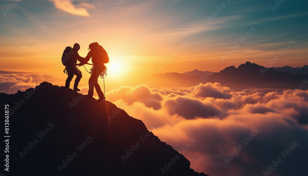 silhouette of climbers helping each other reach the top of mountain cloudy sky at sunset time
