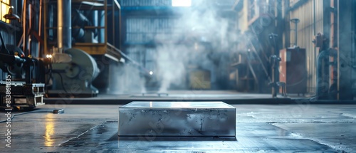 Blank metal podium mockup on an industrial factory floor, surrounded by machinery and equipment, suggesting strength and durability.