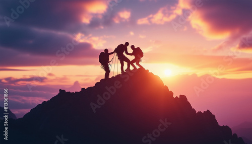 silhouette of climbers helping each other reach the top of mountain cloudy sky at sunset time  © abu