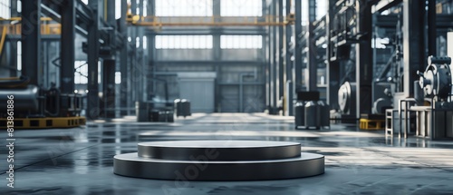 Blank metal podium mockup on an industrial factory floor, surrounded by machinery and equipment, suggesting strength and durability.