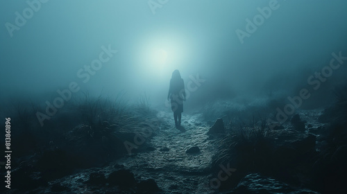 The dark figure of a person walking through a foggy landscape.