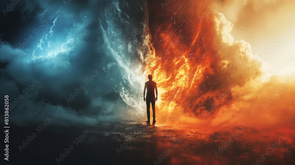 The fantastic landscape with a man standing between fire and ice The fantastic landscape with a man standing between fire and ice