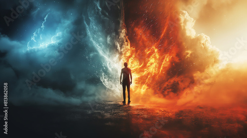 The fantastic landscape with a man standing between fire and ice