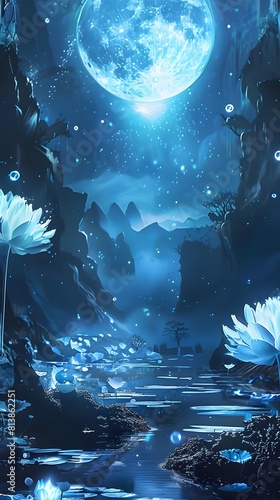 Enchanting moonlit lotus pond illustration