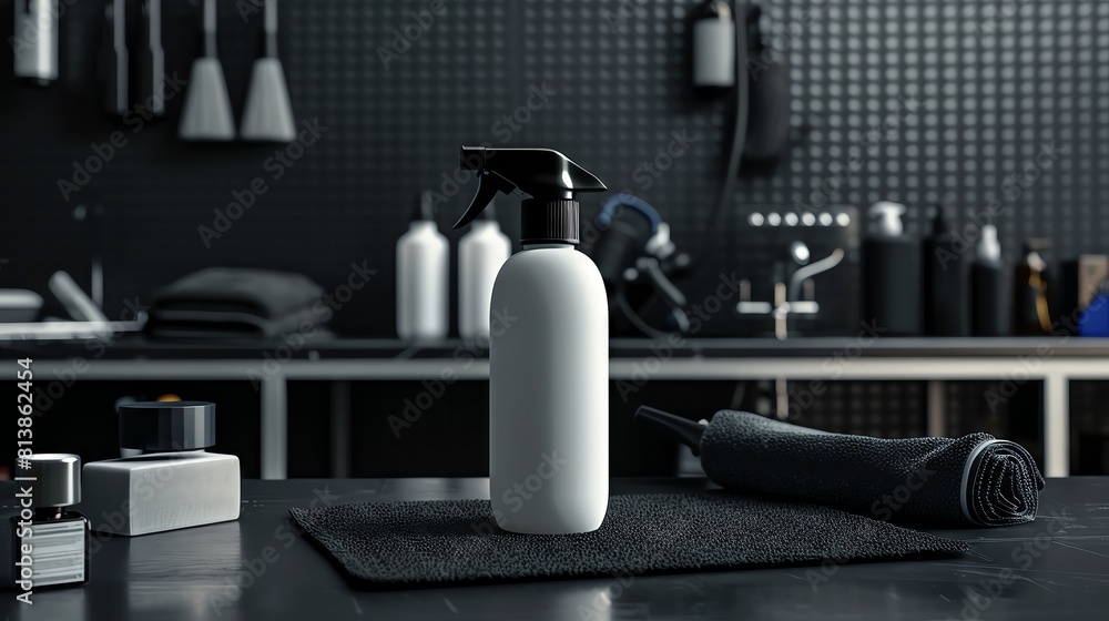 Blank spray bottle mockup on a car detailing station, with microfiber cloths and wax polishes around, ideal for automotive cleaning products. Blank spray bottle mockup on a car detailing station, with microfiber cloths and wax polishes around, ideal for automotive cleaning products.