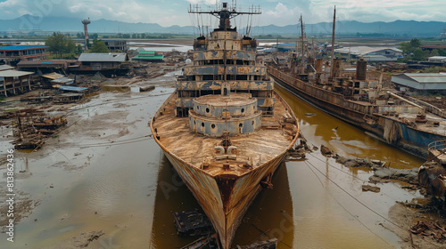 rusty ship in shipyard waiting to be dismantled