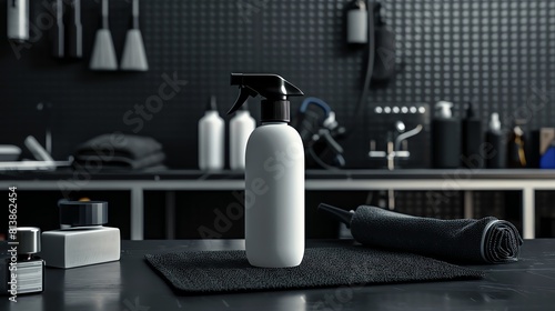 Blank spray bottle mockup on a car detailing station, with microfiber cloths and wax polishes around, ideal for automotive cleaning products.