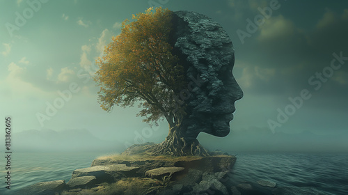 Surreal and abstract photo of a tree with a human face in the middle of the ocean. photo