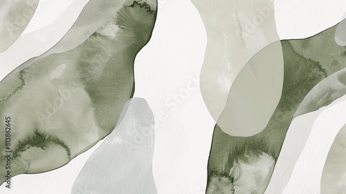 Watercolor abstract shapes in sage green and white, with a simple minimalist design