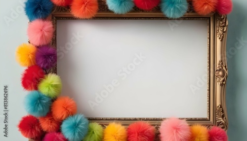 A whimsical frame adorned with colorful pom poms upscaled_6 photo