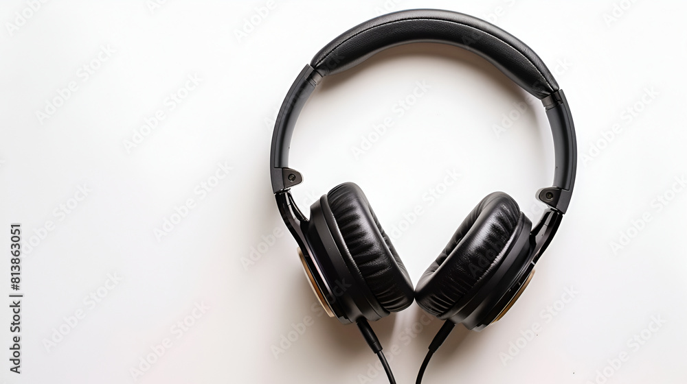Black wireless headphones on white background with free space for text. Black wireless headphones on white background with free space for text.