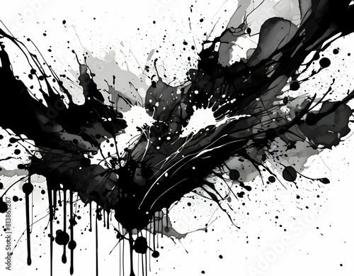 japan black ink style splatter stroke paint brush paint paper texture isolated on white background.	