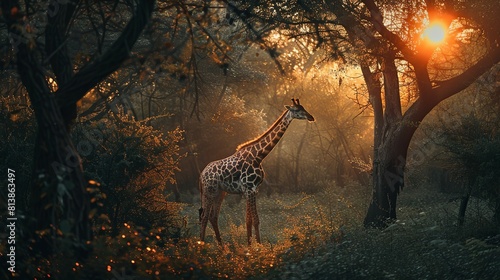 A giraffe in the forest at the morning sunrise