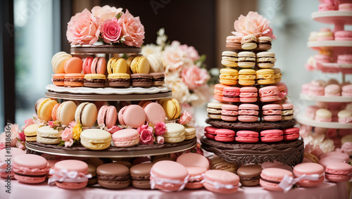 There are 3 round trays of multicolored macarons  2 decorated with pink roses and the third with white and yellow flowers.  
