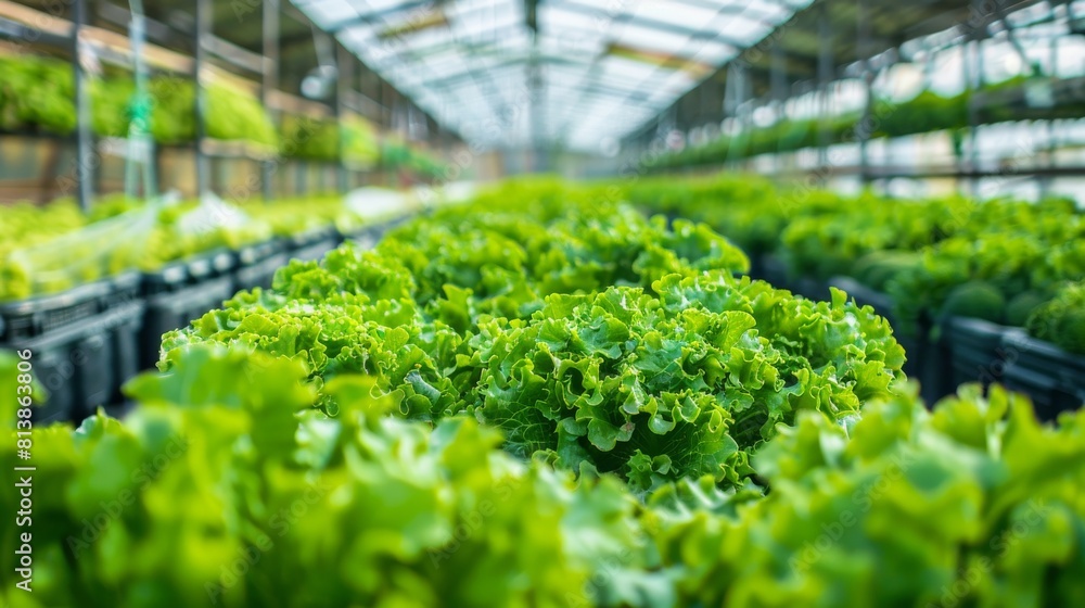 An Eco-Friendly Hydroponic Farm with Multiple Rows and Layers of Eco-Friendly Plants Growing Under Artificial UV Light. The Facility Produces Fresh Vegetable Leaves. Wide Angle Photo. An Eco-Friendly Hydroponic Farm with Multiple Rows and Layers of Eco-Friendly Plants Growing Under Artificial UV Light. The Facility Produces Fresh Vegetable Leaves. Wide Angle Photo.