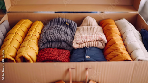 A box full of winter clothes ready for donation for goodwill or a shipping of a retail company