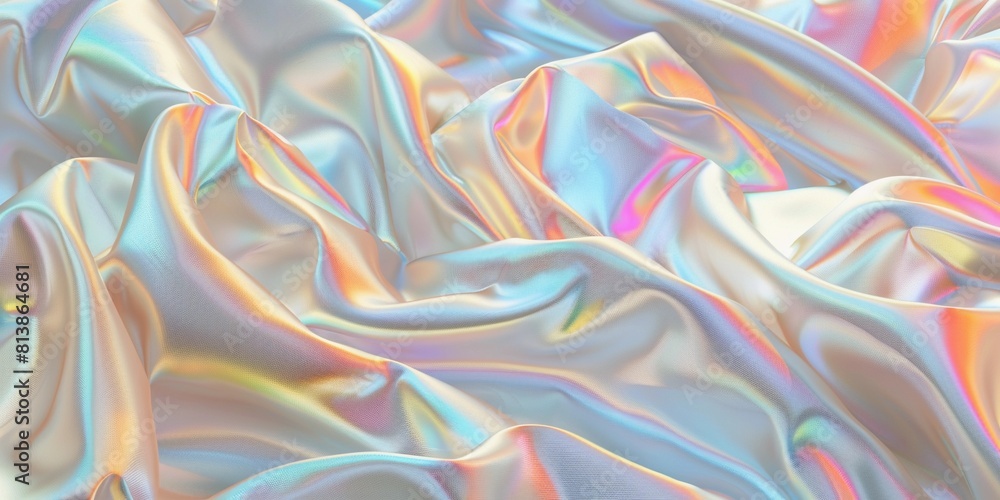 3d Render abstract background of warm white silk with colorful holographics.