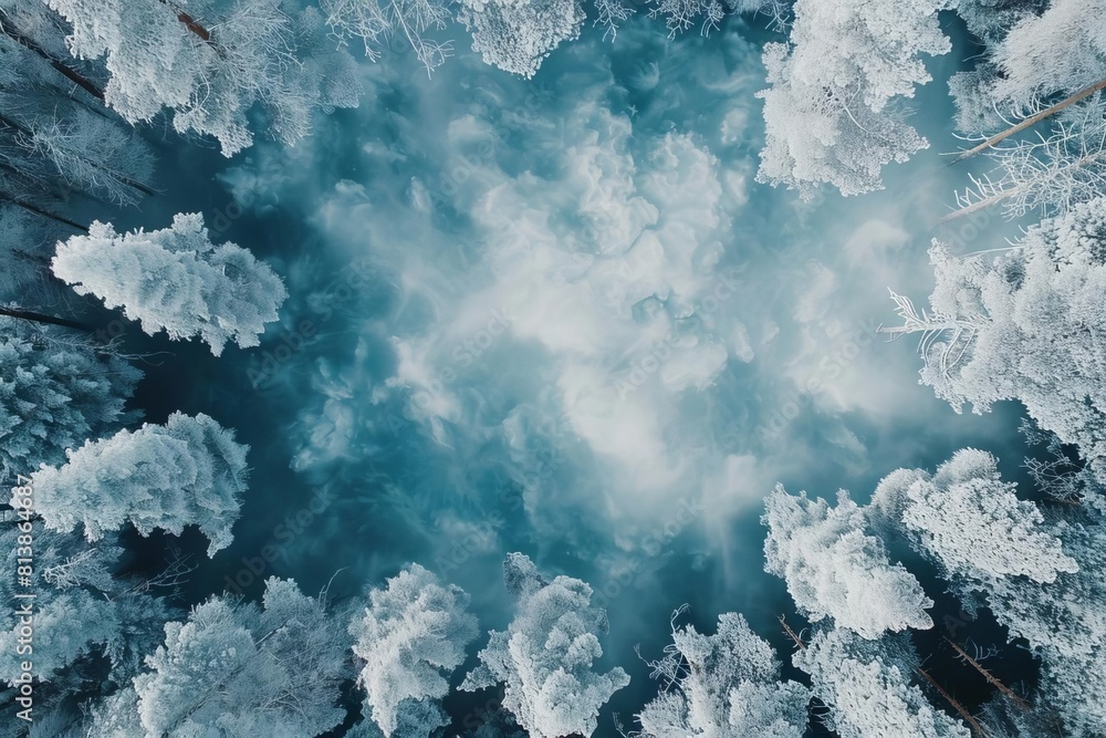 Looking down at a winter wonderland, the snow-covered trees create a stunning scene Looking down at a winter wonderland, the snow-covered trees create a stunning scene