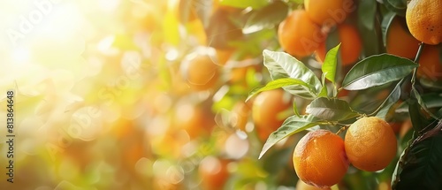 ripe and fresh oranges hanging on branch, orange orchard