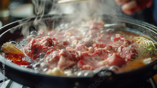 In this image, the essence of Japanese sukiyaki is captured in a pot, with ingredients bubbling with flavor. AI generative technology enriches the visual experience.