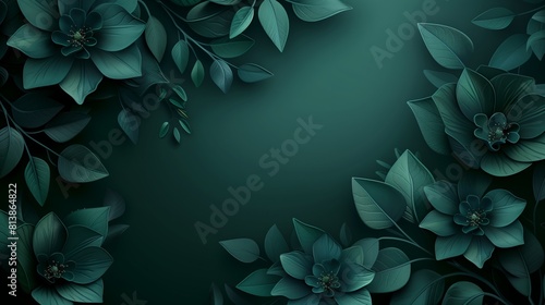 Green leaves and flowers stand out against a dark background in a bold and vibrant floral abstract composition