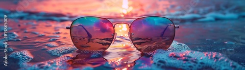 Glasses reflecting a beautiful sunset over the ocean. Pink, blue, and purple hues. Relaxing and peaceful. © enterdigital