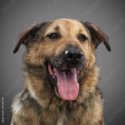 ginger funny dog - a symbol of 2018, stuck out his tongue and smiles, posing on grey background