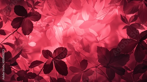 Red leaves contrast against a solid red backdrop in this bold and fiery floral abstract composition