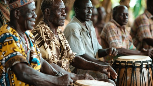 A lively gathering of individuals drumming passionately on traditional African Djembe drums photo