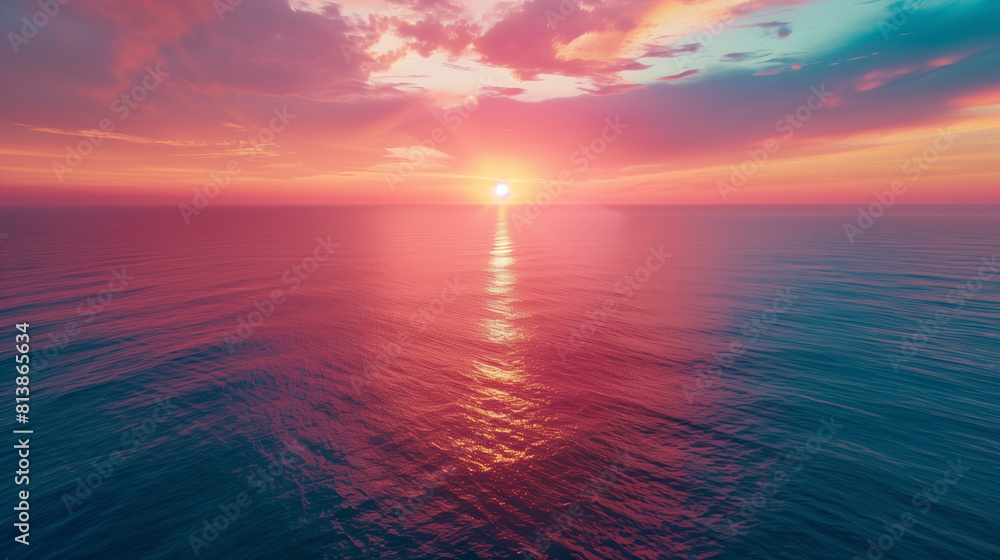 Aerial view of the ocean meeting the sky at sunset