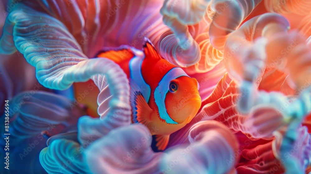 A close-up of a clownfish nestled among the tentacles of a sea anemone, a symbiotic relationship captured in vibrant colors.