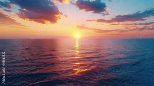 Aerial view of the ocean meeting the sky at sunset