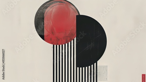 minimal abstract painting with two overlapping circles, one red and one black, and a series of vertical black and white stripes down the right side. photo