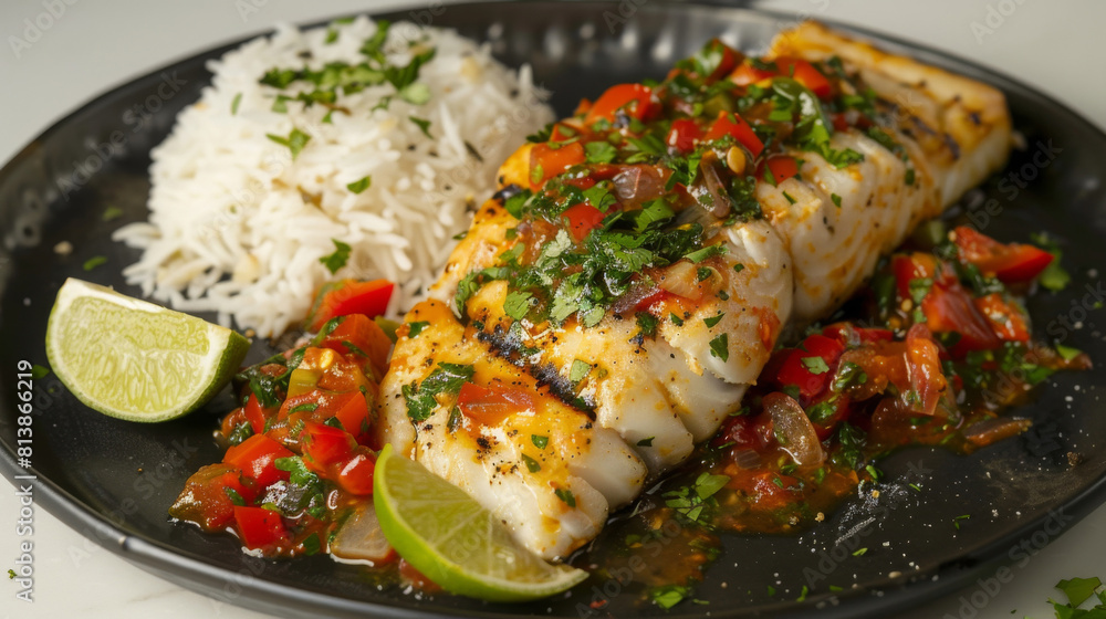 Grilled fish with zesty salsa criolla, served with fluffy white rice, fresh lime, and herbs on a stylish black plate Grilled fish with zesty salsa criolla, served with fluffy white rice, fresh lime, and herbs on a stylish black plate