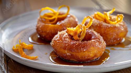 Homemade peruvian picarones with syrup and orange zest on a ceramic plate, a delightful treat photo