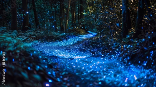 A forest path is lit up with blue lights photo