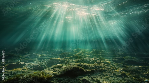 underwater abstract scene with light rays filtering through the ocean, illuminating the aquatic life © marco