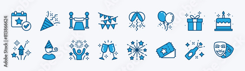 Set of event icon. Containing calendar, confetti, decoration, present, fireworks, masks, balloons, cake, ticket, drinks, champagne, celebration, and party. Vector illustration