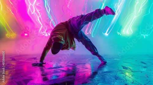 Caucasian B-Boy Performing His Choreography To Breakbeats In Neon Lighting In A Colorful Abstract Studio. Energetic Fashionable Male Dancer Performing His Choreography On Multicolored Set. photo