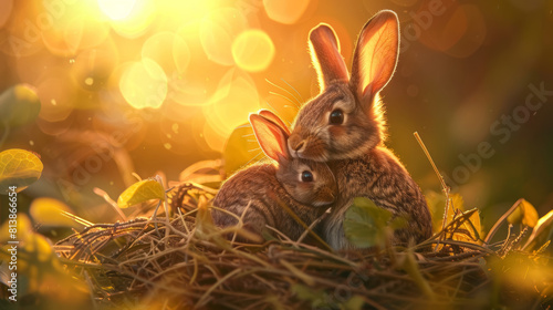 Warm Sunset Embrace: Mother Rabbit with Babies in a Soft Grass Nest