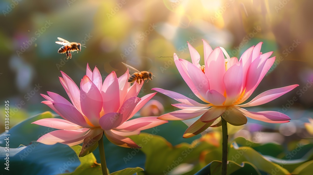 Two bees collecting nectar from a pair of pink water lilies Two bees collecting nectar from a pair of pink water lilies