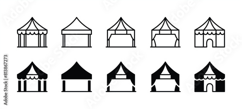 Event tent thin line icon set. Containing tent of festival, circus, party, sales, and carnival. Awning, marquee, and pavilion vector illustration