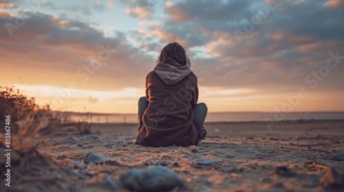 A woman sits on the beach at sunset, looking out at the water photo