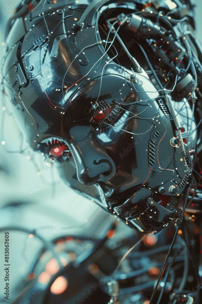 Fototapeta premium Futuristic robot head with intricate wiring and red glowing eyes, depicting advanced artificial intelligence.