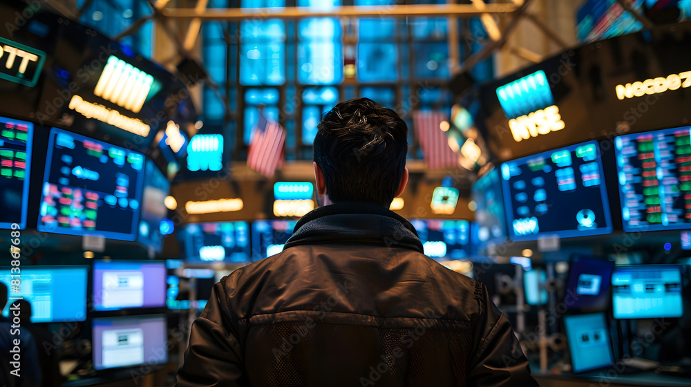 Rear view of a young man looking at the stock exchange. Rear view of a young man looking at the stock exchange.