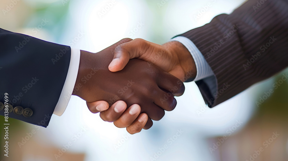 Two individuals from different ethnic backgrounds engage in a firm, respectful handshake, symbolizing diversity and unity in business Two individuals from different ethnic backgrounds engage in a firm, respectful handshake, symbolizing diversity and unity in business