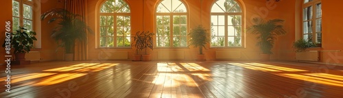 Large bright hall with big windows.parquet floor and sunlight on it. photo